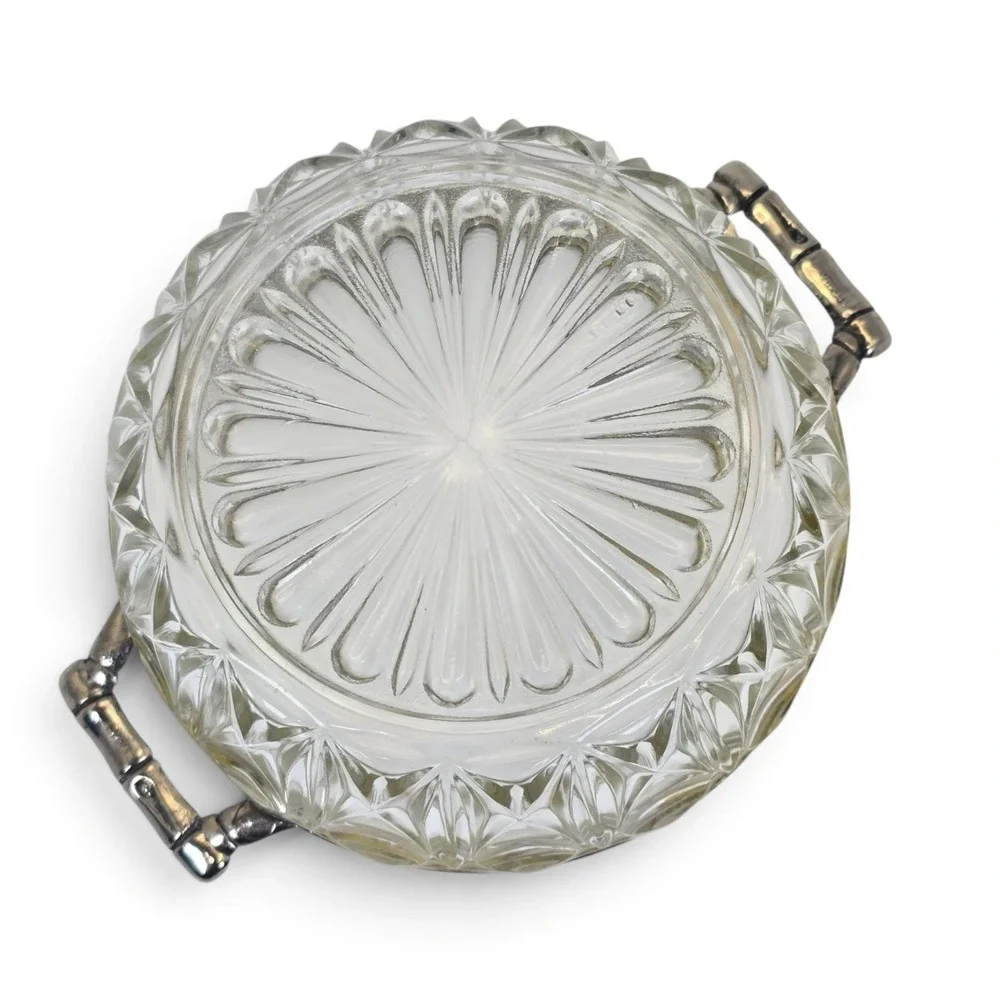 Vintage Reims France Cut Crystal Silverplate Bamboo Handle Serving Bowl